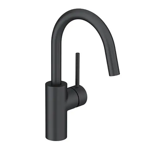 Schwarzer Waschtischarmatur von Kludi mit hohem, gebogenem Auslauf und seitlichem Bedienhebel. Schlichte, moderne Bauform ohne sichtbaren Ablauf.